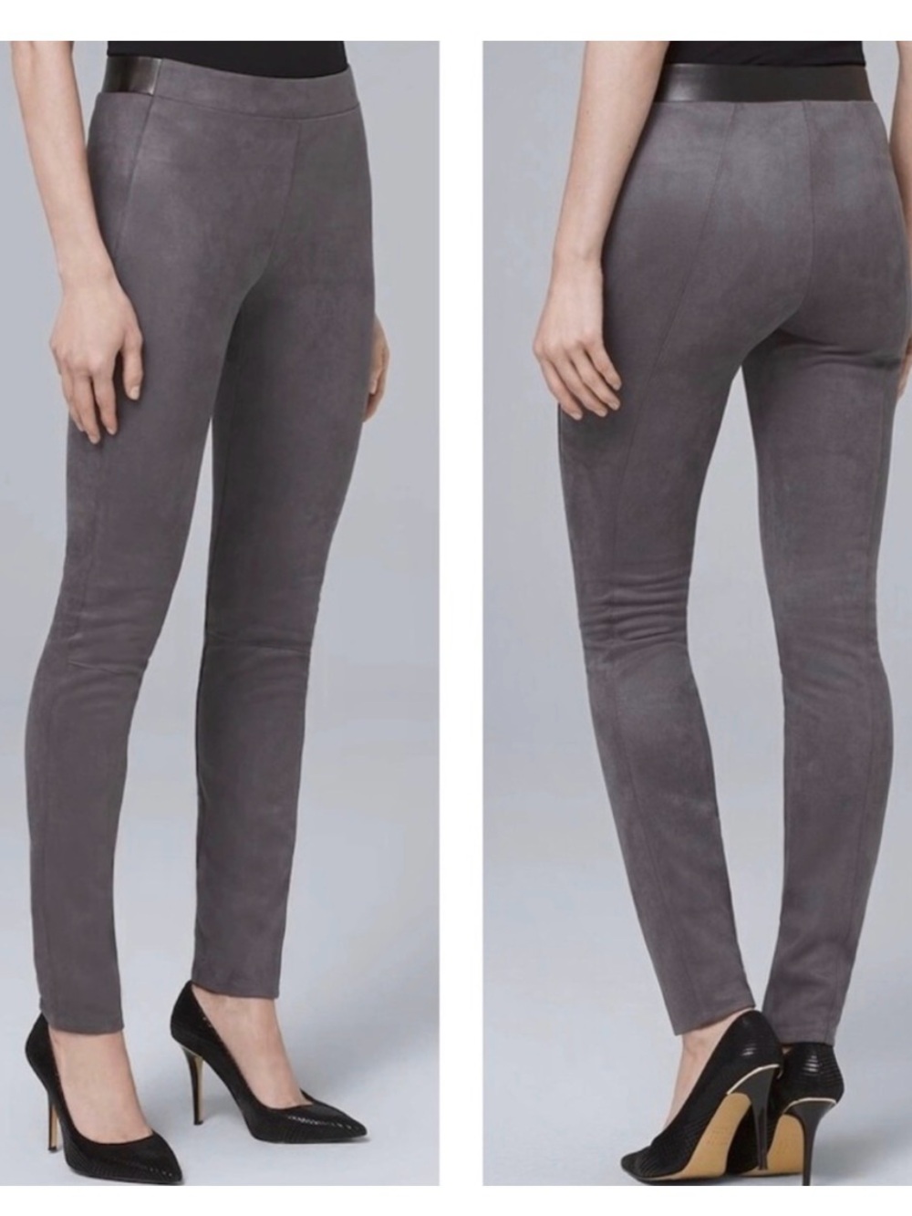 White House Black Market Grey Faux Suede, Leather Waist Stretch Legging